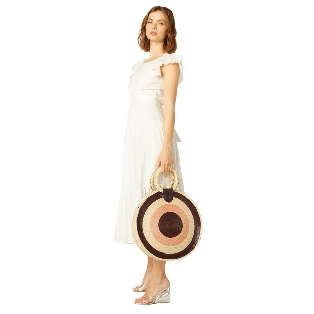 MISA Los Angeles Mykonos Circle Circular Straw Tote Bag Natural Purple Pink